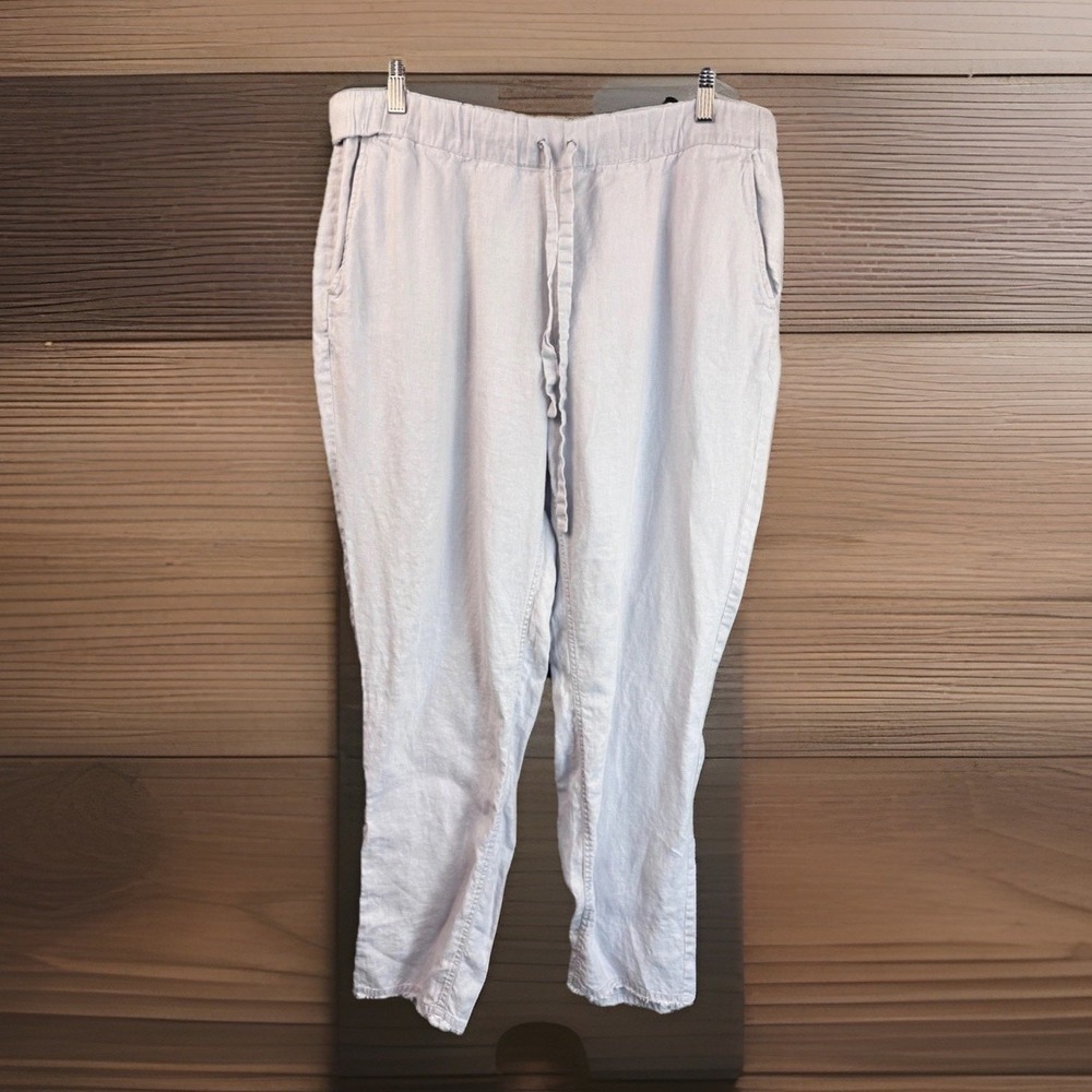 Saks Fifth‎ Ave 100% Linen Pants XL Gray Fringe Hem Beachy Minimalist Drawstring